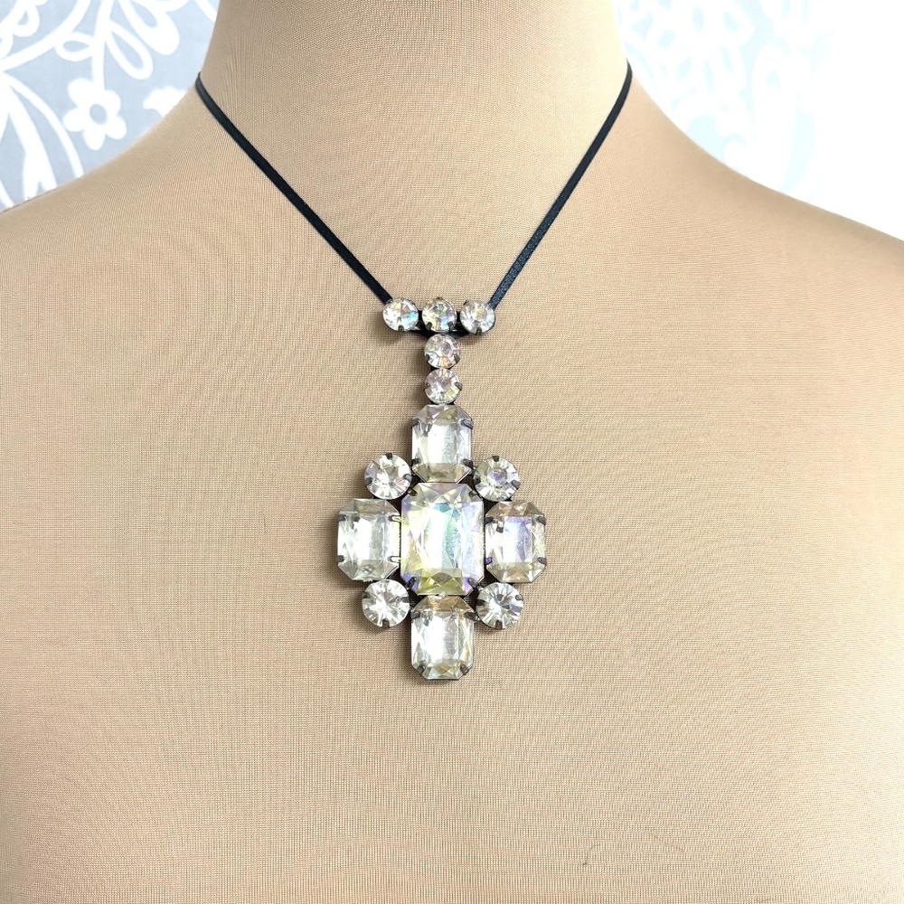 necklace pendant faux crystals stones cross religious vintage handmade 54" cord